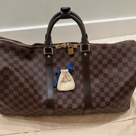 Louis Vuitton keepall 50 travel bag in ebene damier canvas and brown leather. - Picture 3 of 9
